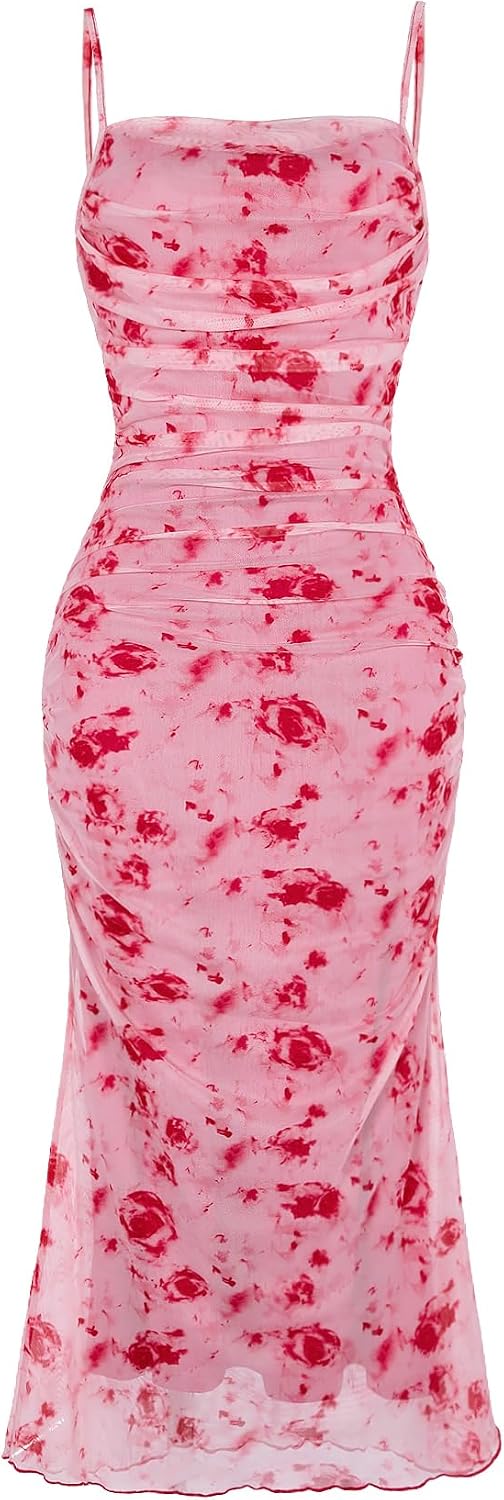 GORGLITTER Women's Floral Wedding Guest Bridal Shower Summer Midi Dresses | Tea Party, Baby Shower, Cocktail Dress, Ruched, Dresses for Women, Sundresses