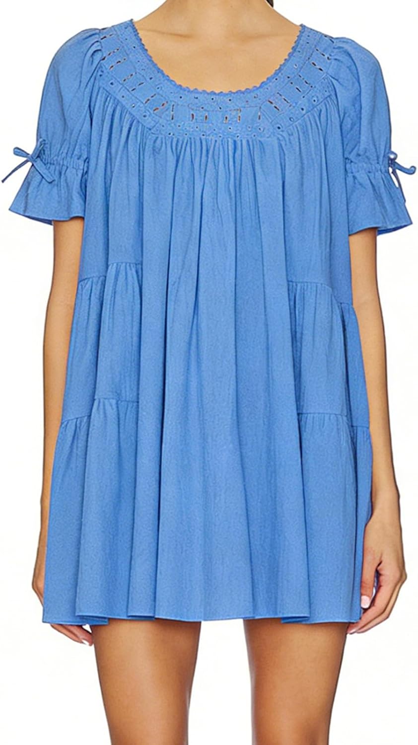 Women Puff Sleeve Babydoll Mini Dress Y2K Lace Trim Ruffle Flowy Dress | Summer Eyelet Loose Swing Dresses Cute Bow Tie Going Out Sundress Casual Boho Beach Vacation A-Line Short Sundress