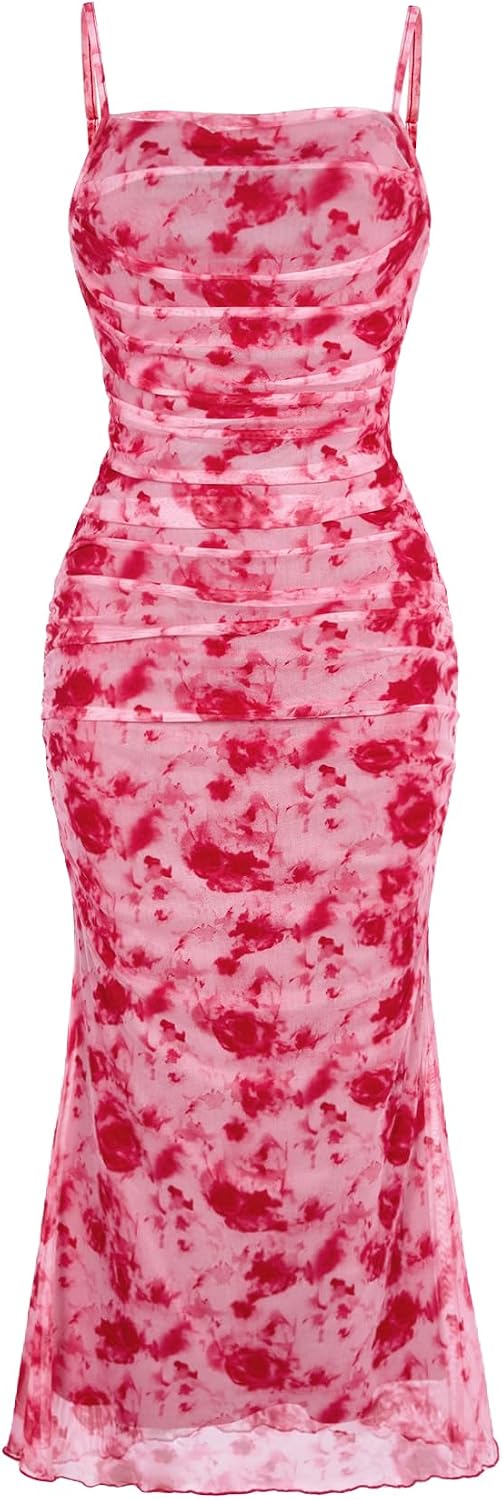 GORGLITTER Women's Floral Wedding Guest Bridal Shower Summer Midi Dresses | Tea Party, Baby Shower, Cocktail Dress, Ruched, Dresses for Women, Sundresses