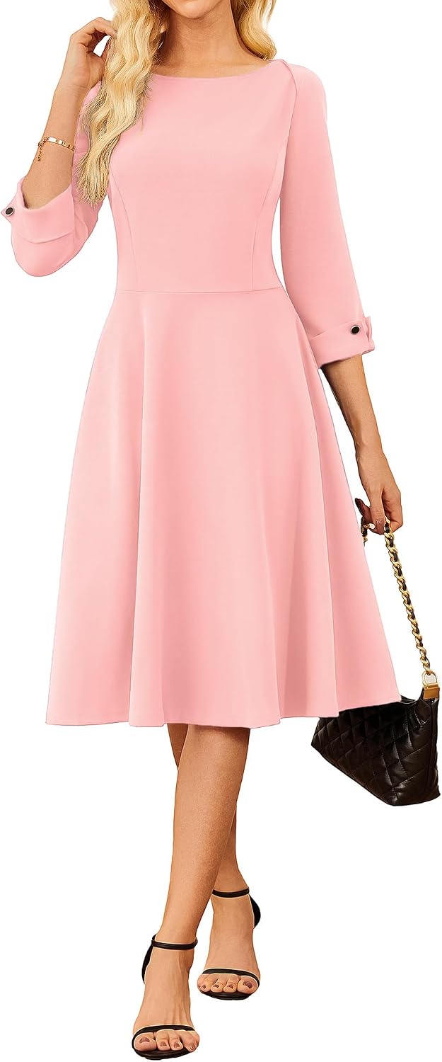 GRACE KARIN Work Dresses for Women Fit and Flare Midi Dress | Side Pockets,3\/4 Sleeve,Crew Neck A Line,2026 Business Classy Office Dresses, Church\/Work Graducation Outfits\/Professional