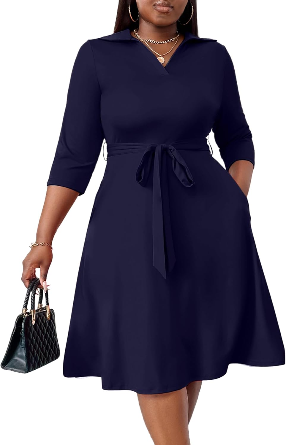 FANDEE Plus Size Midi Dress for Women Casual - Fit and Flare Summer Dresses | Semi Formal,African Print,Polo Collar Cocktail Dress,With Pockets And Belt