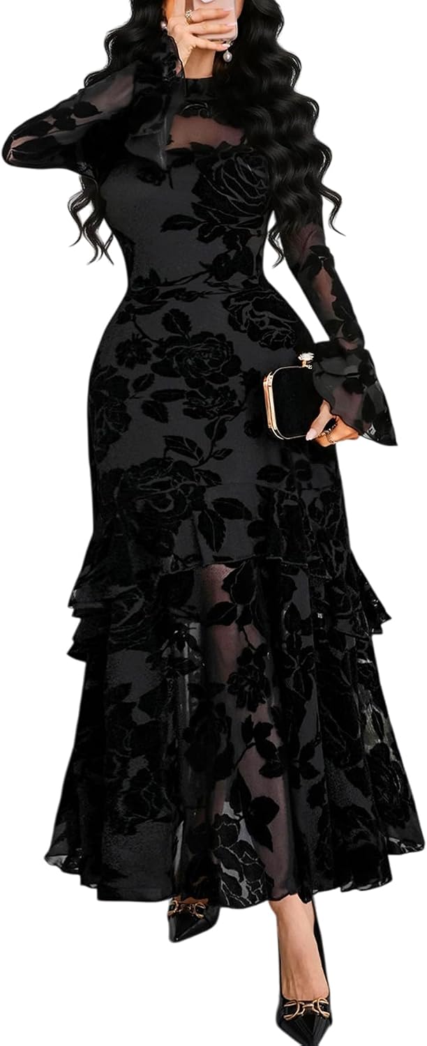 GothDark Women Floral Maxi Dress Bell Sleeve Party Wedding Guest Dresses | Floral Mesh, Tiered Ruffle, Fall Long Sleeve, Casual, Elegant, Date Night, Cocktail, Dinner & Evening Dress
