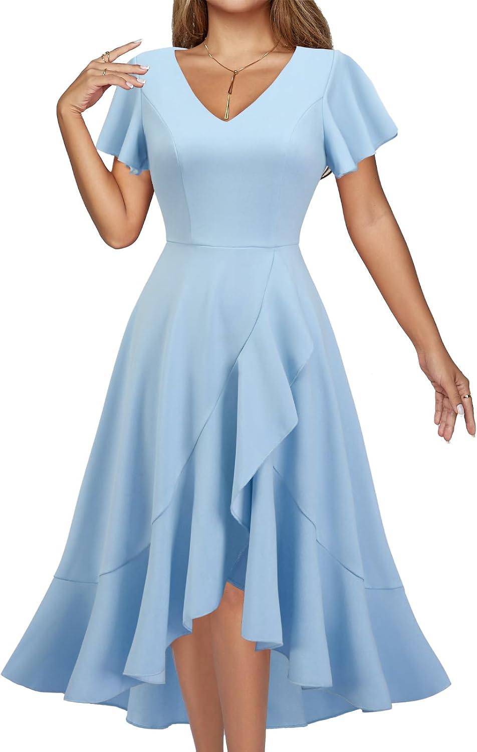 DRESSTELLS Women's Cocktail Dresses 2026, Formal Fall Wedding Guest Dress | A-Line, Hi Low Fit and Flare Midi Dress for Teacher Party Homecoming, Bridesmaid Evening Gown, V-Neck, Ruffle Sleeve