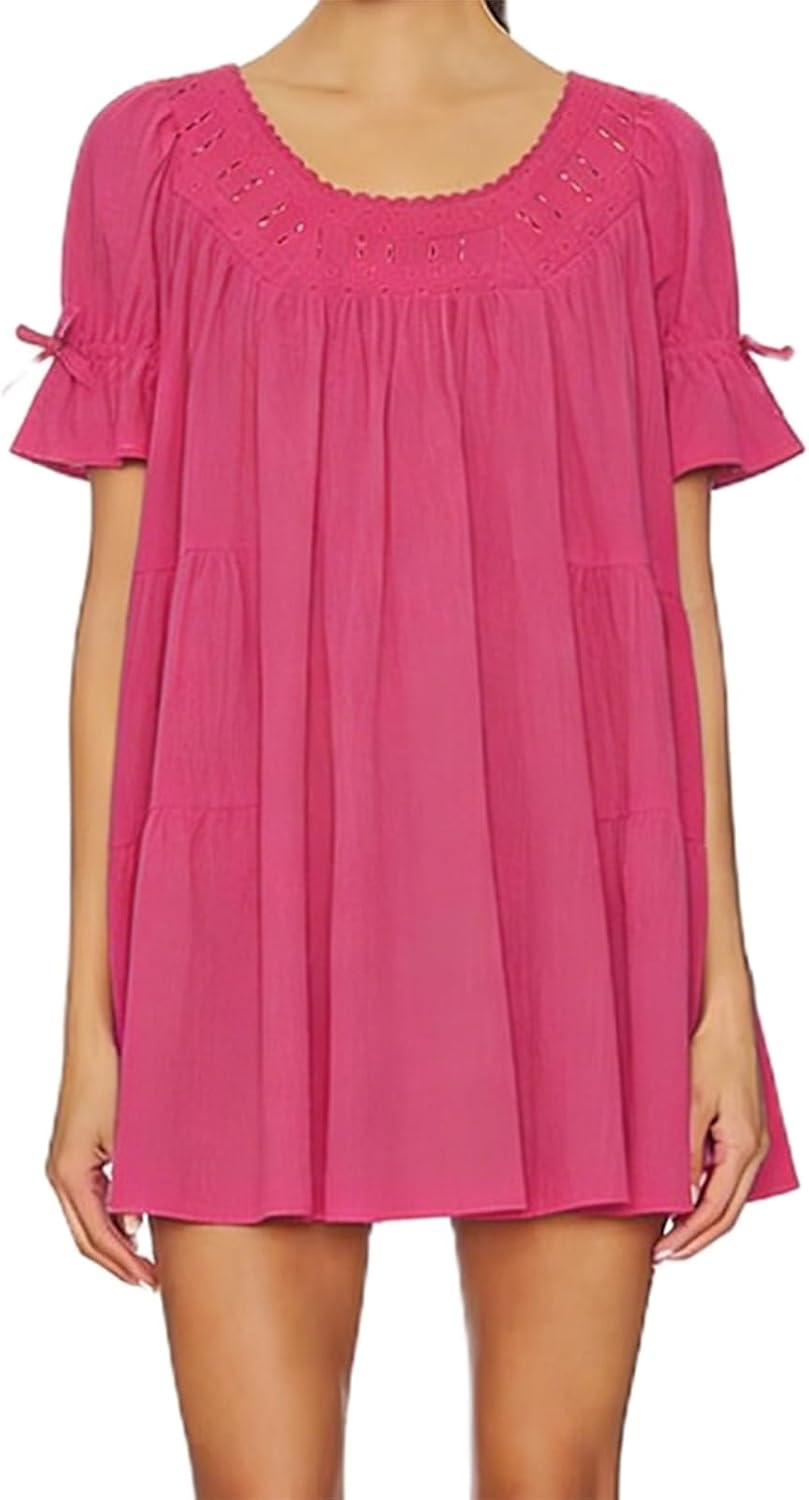 Women Puff Sleeve Babydoll Mini Dress Y2K Lace Trim Ruffle Flowy Dress | Summer Eyelet Loose Swing Dresses Cute Bow Tie Going Out Sundress Casual Boho Beach Vacation A-Line Short Sundress