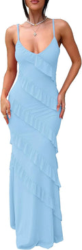 HOCILLE Women's Sexy V Neck Mesh Bodycon Wedding Guest Cocktail Maxi Dress | Sundress Spaghetti Strap Elegant Ruffle Party Long Dresses