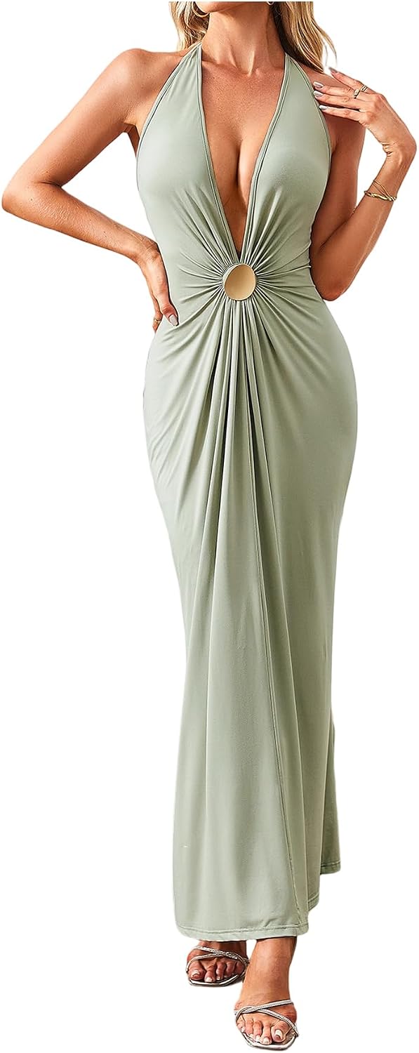 OYOANGLE Women's Halter Maxi Dress Deep V Neck Sexy Wedding Guest Dresses | Cocktail Dress, Formal Dresses, Beach Dress, Vacation Dress, Date Night Long Dress, Backless