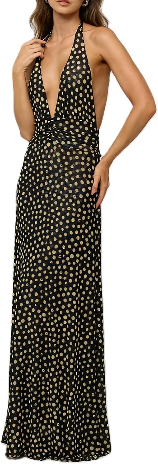 Amiblvowa Women Halter V Neck Maxi Dress Sexy Backless Bodycon Low Cut Long Dress Open Back Cocktail Summer Beach Sundress