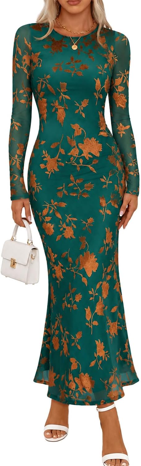 MEROKEETY Womens Fall Velvet Formal Wedding Guest Maxi Dress | Bodycon, Floral, Long Sleeve, Mesh, Round Neck, Formal Cocktail Party Birthday Club Date Night Prom, 2026 Winter Dress