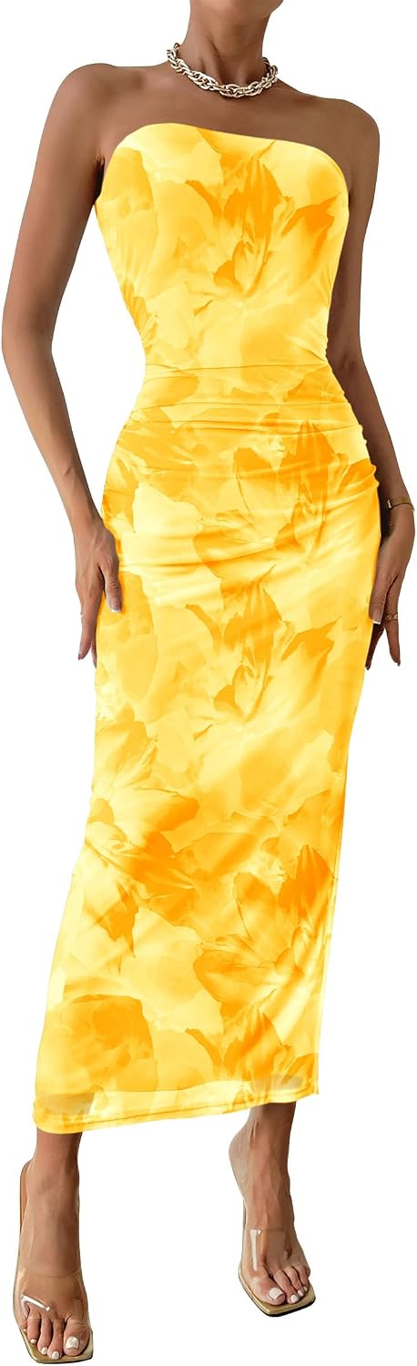 PRETTYGARDEN Women's Strapless Bodycon Floral Maxi Dress | Stretchy Lined Mesh, Long Tube Dresses, Ruched Slit, Spring Summer Y2K Outfits for Wedding, Date Night Party, Beach Vacation