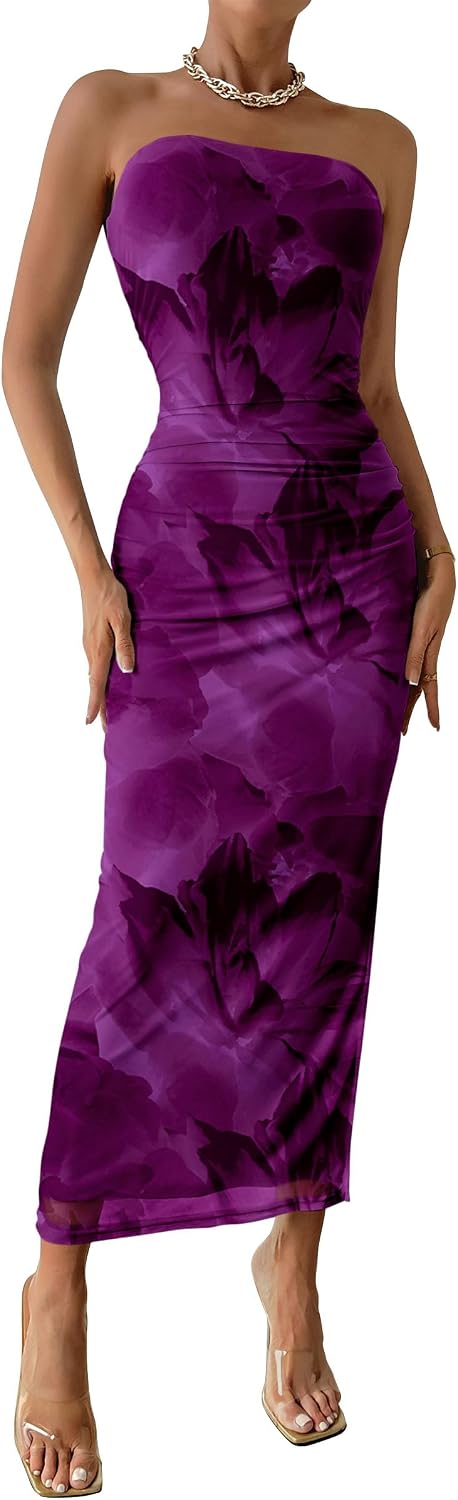 PRETTYGARDEN Women's Strapless Bodycon Floral Maxi Dress | Stretchy Lined Mesh, Long Tube Dresses, Ruched Slit, Spring Summer Y2K Outfits for Wedding, Date Night Party, Beach Vacation