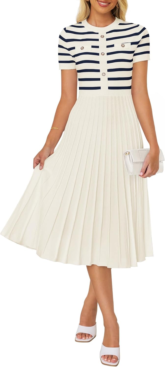 ZESICA Women Striped Crewneck Short Sleeve Elegant Midi Dress | Button, Ribbed Knit Fabric, Pleated A Line Swing, 2026 Trendy, Casual Beach Vaction, Work Business, Formal Classy Church
