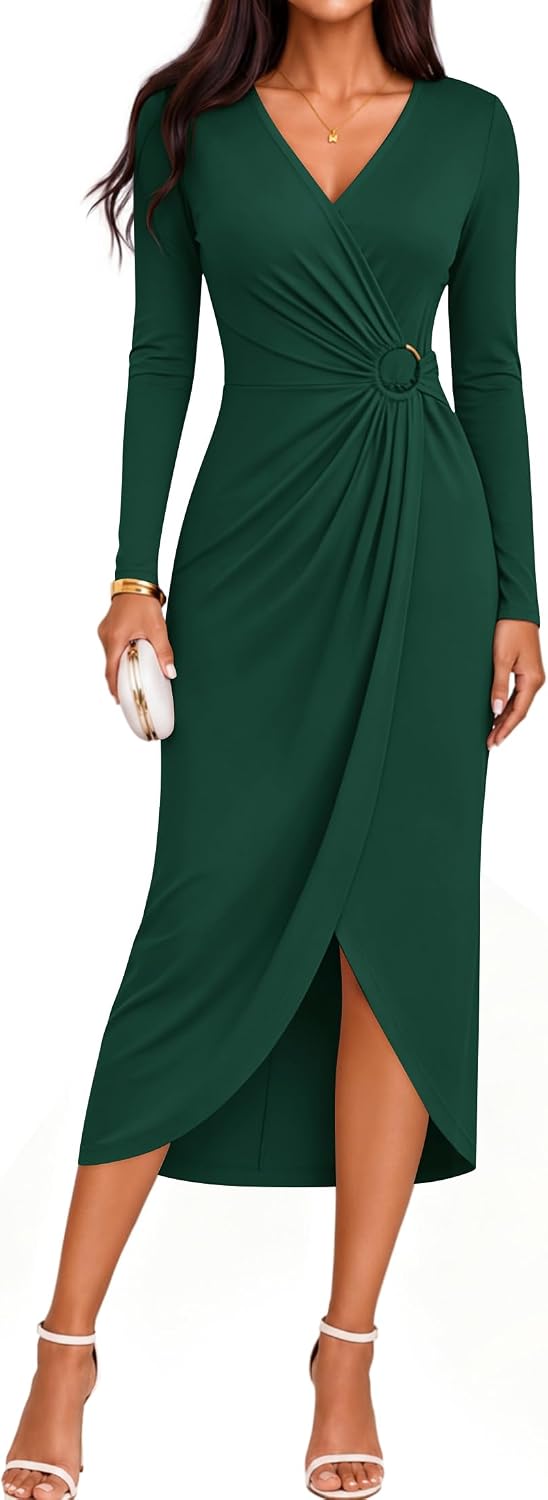 ZESICA Women's Fall Long Sleeve Wrap Bodycon Cocktail Party Dresses | Deep V Neck, Ruched Midi Dress, Formal Wedding Guest, Rehearsal Dinner, Date Night, Birthday Holiday, Bridal Shower