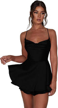 AGYMNX Women Sexy Spaghetti Strap Satin Dress Sleeveless Low Cut Backless Short Romper Dress Party Jumpsuit Mini Sundress