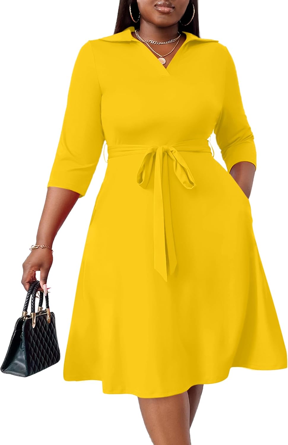 FANDEE Plus Size Midi Dress for Women Casual - Fit and Flare Summer Dresses | Semi Formal,African Print,Polo Collar Cocktail Dress,With Pockets And Belt