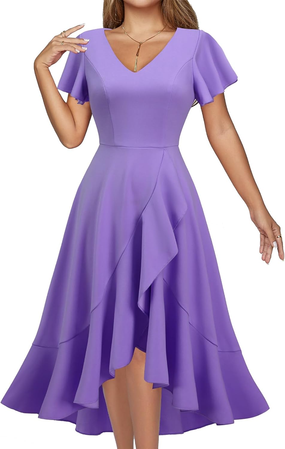 DRESSTELLS Women's Cocktail Dresses 2026, Formal Fall Wedding Guest Dress | A-Line, Hi Low Fit and Flare Midi Dress for Teacher Party Homecoming, Bridesmaid Evening Gown, V-Neck, Ruffle Sleeve