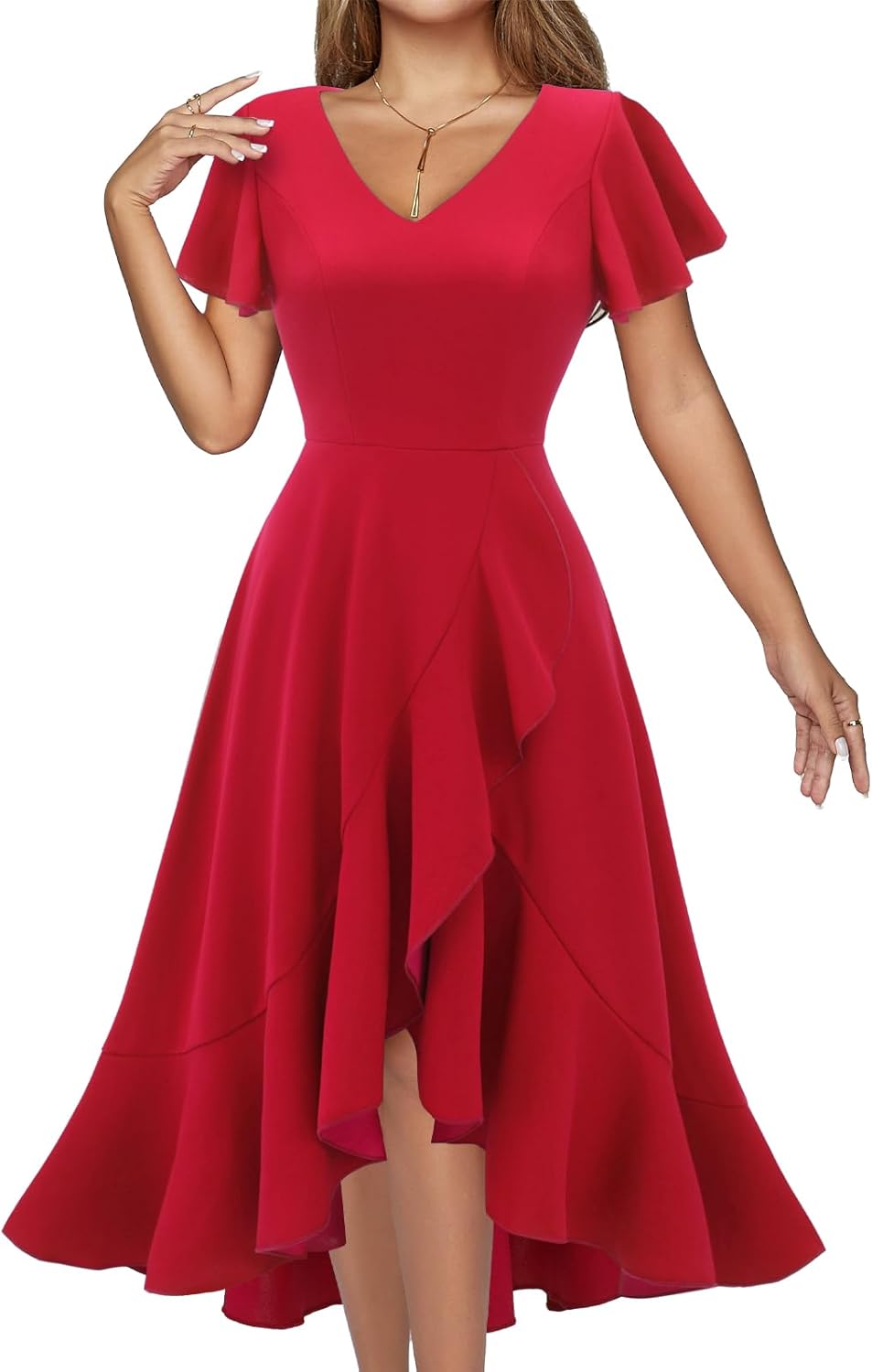 DRESSTELLS Women's Cocktail Dresses 2026, Formal Fall Wedding Guest Dress | A-Line, Hi Low Fit and Flare Midi Dress for Teacher Party Homecoming, Bridesmaid Evening Gown, V-Neck, Ruffle Sleeve