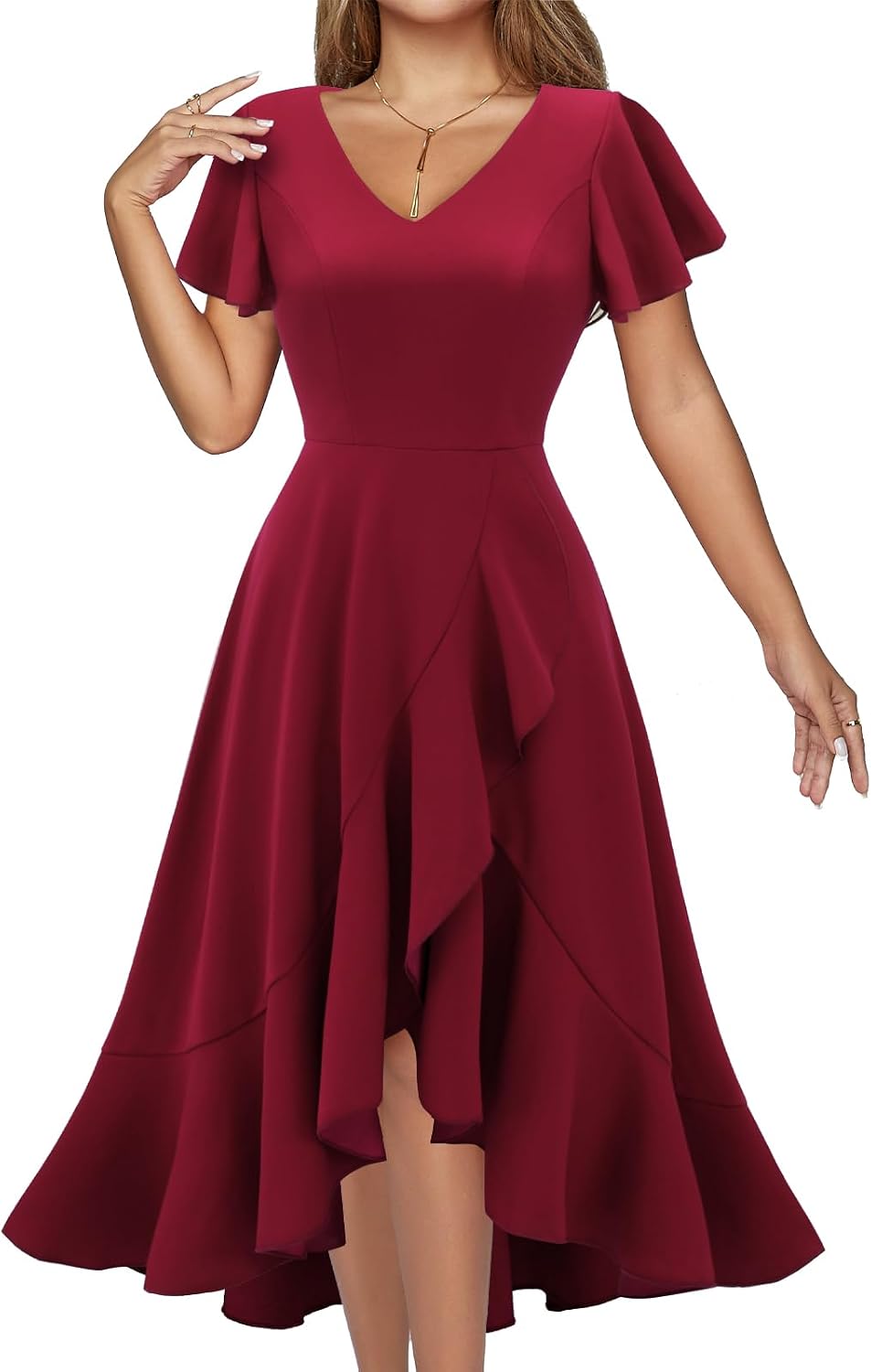 DRESSTELLS Women's Cocktail Dresses 2026, Formal Fall Wedding Guest Dress | A-Line, Hi Low Fit and Flare Midi Dress for Teacher Party Homecoming, Bridesmaid Evening Gown, V-Neck, Ruffle Sleeve