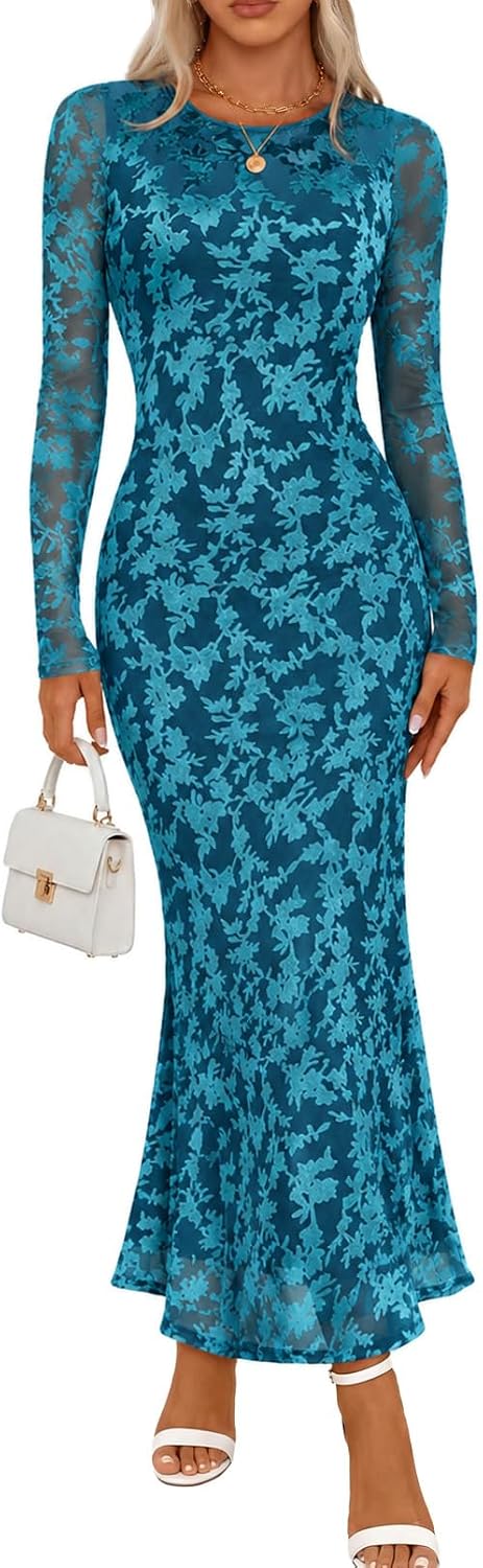 MEROKEETY Womens Fall Velvet Formal Wedding Guest Maxi Dress | Bodycon, Floral, Long Sleeve, Mesh, Round Neck, Formal Cocktail Party Birthday Club Date Night Prom, 2026 Winter Dress
