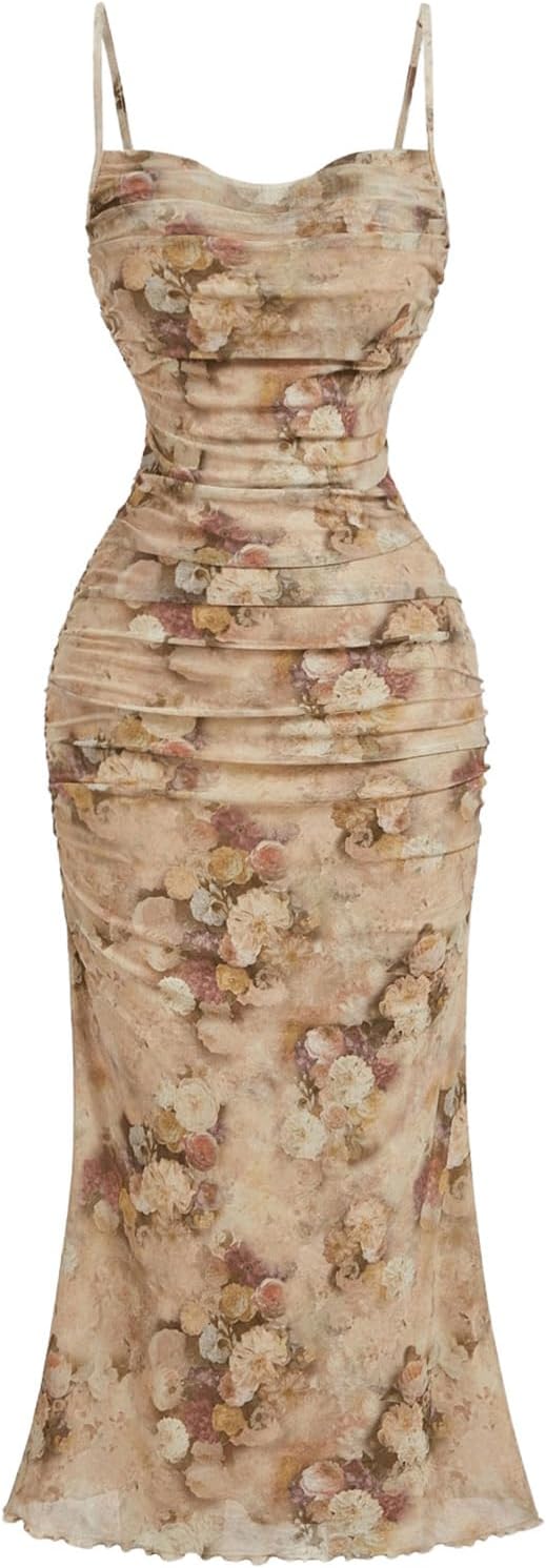 GORGLITTER Women's Floral Wedding Guest Bridal Shower Summer Midi Dresses | Tea Party, Baby Shower, Cocktail Dress, Ruched, Dresses for Women, Sundresses