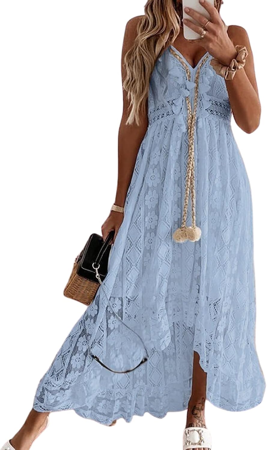 CUPSHE Womens Lace Summer Maxi Dresses 2026 Beach Wear | V Neck Spaghetti Straps Sundress, Tassel, Boho Pom Poms, Flowy Vacation Outfits, Resort Wear, Graduation Wedding Guest Looks