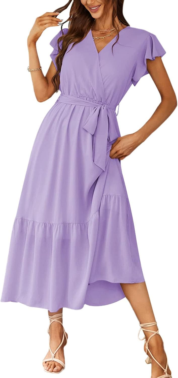 PRETTYGARDEN Women's Summer Floral Boho Maxi Dress | Short Sleeve Wrap V Neck, Long Flowy Ruffle Dresses, Spring Wedding Guest Outfits for Beach Vacation, Resort Wear, Tea Party