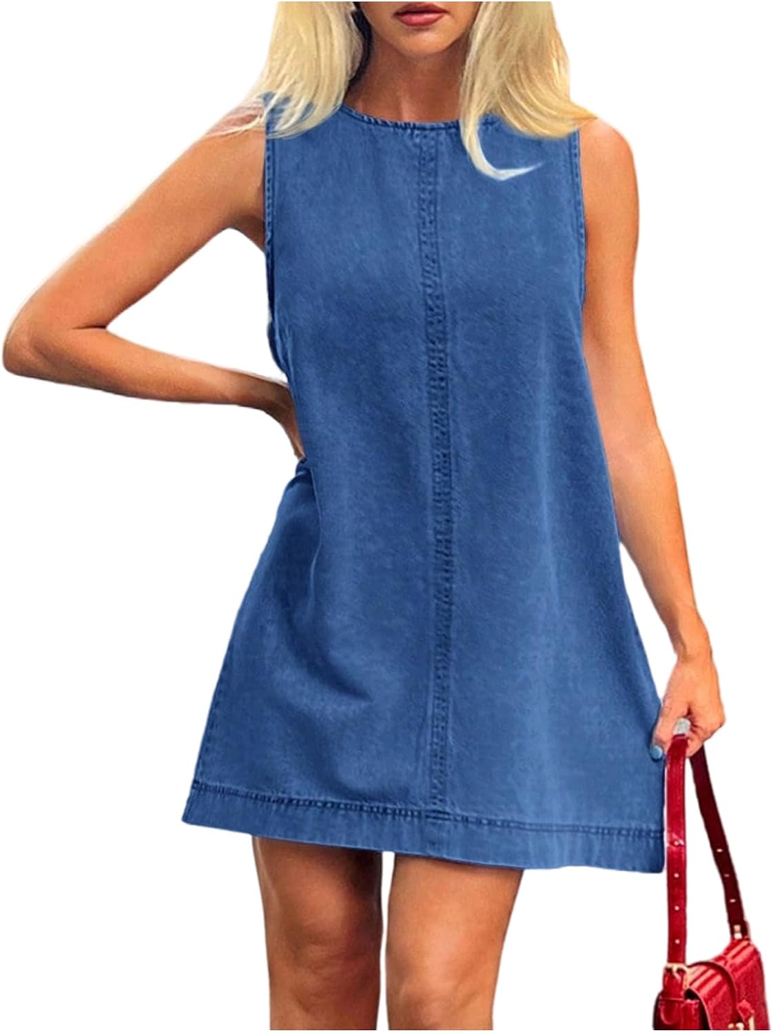 Milumia Women's Crew Neck Sleeveless Jean Denim Mini Dress Concert Outfits | Western, Loose Fit, A-Line, Short Dresses, Summer, Spring, Casual, Country Concert, Cowgirl Outfits