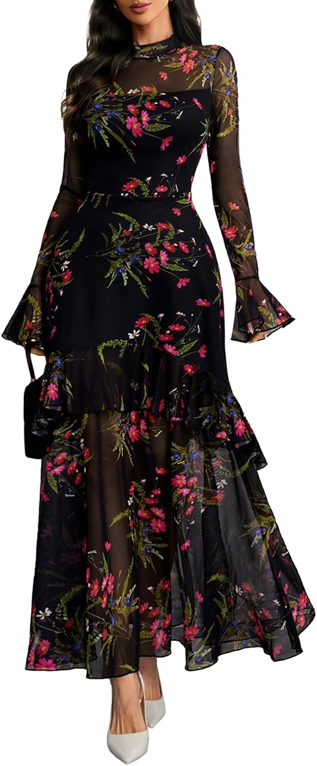 GothDark Women Floral Maxi Dress Bell Sleeve Party Wedding Guest Dresses | Floral Mesh, Tiered Ruffle, Fall Long Sleeve, Casual, Elegant, Date Night, Cocktail, Dinner & Evening Dress