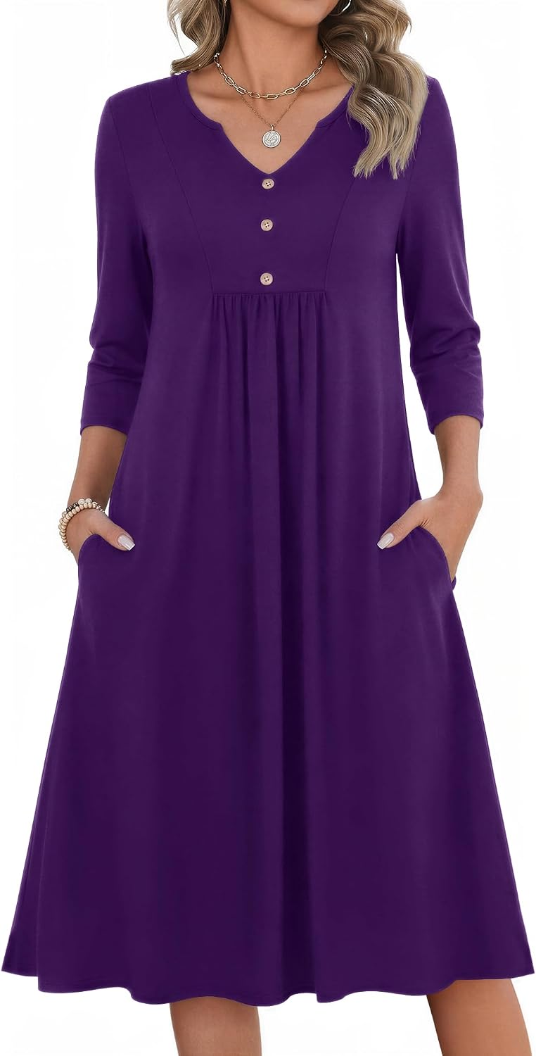 Zeagoo Womens Dresses 3\/4 Sleeve Casual Fall A Line Midi Dress with Pockets | V Neck Empire Waist Sundress, Button Decor, Floral, Boho, Solid Color, Loose Fit, Flowy, Vacation Sundresses