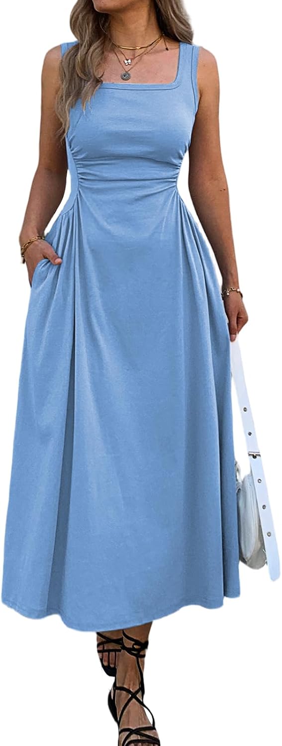 Mieazom Women's Square Neck Sleeveless Slim-Fit Maxi Dress Ruched Waist Corset Flowy Casual Summer Dresses with Pockets