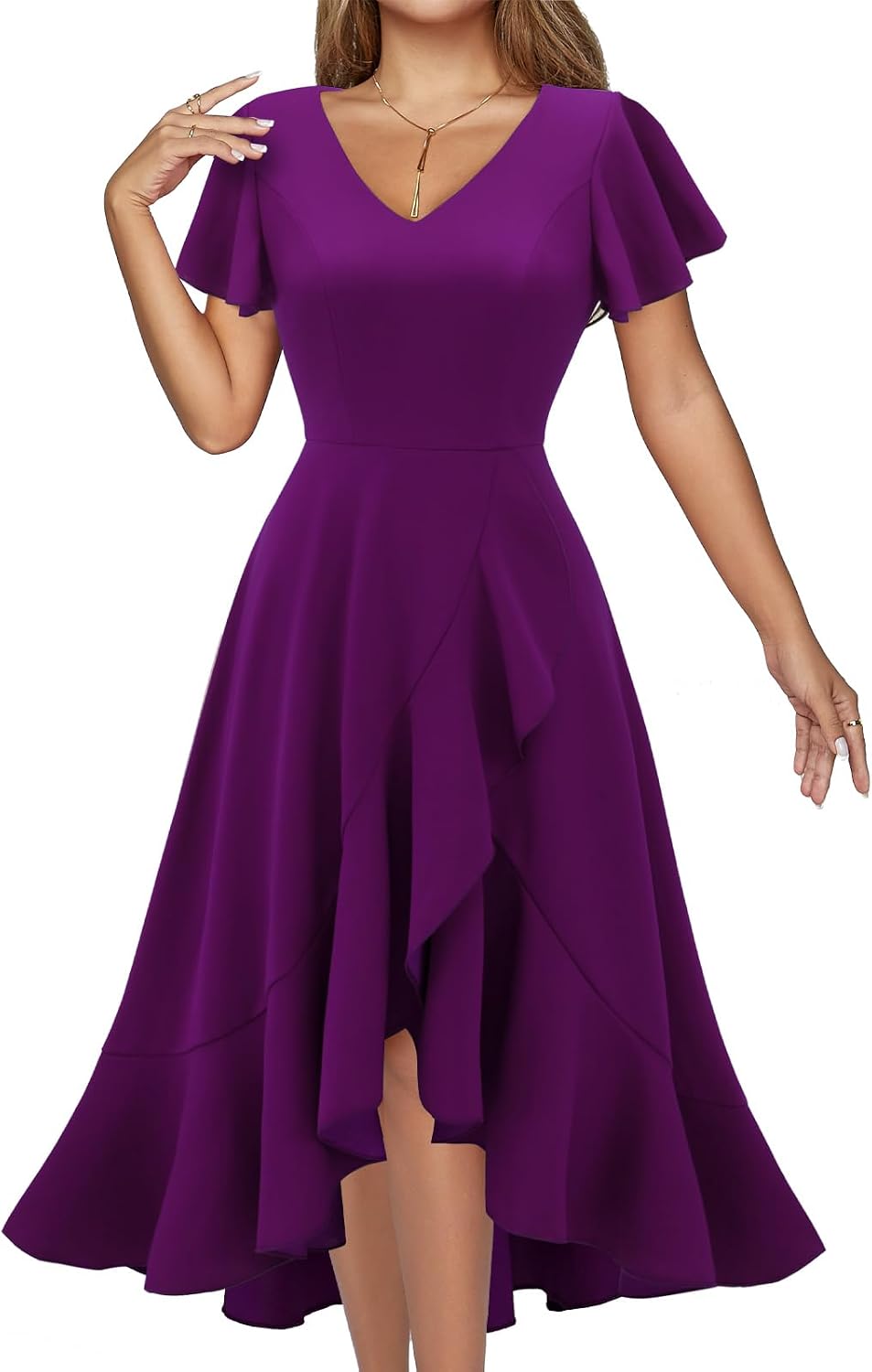 DRESSTELLS Women's Cocktail Dresses 2026, Formal Fall Wedding Guest Dress | A-Line, Hi Low Fit and Flare Midi Dress for Teacher Party Homecoming, Bridesmaid Evening Gown, V-Neck, Ruffle Sleeve