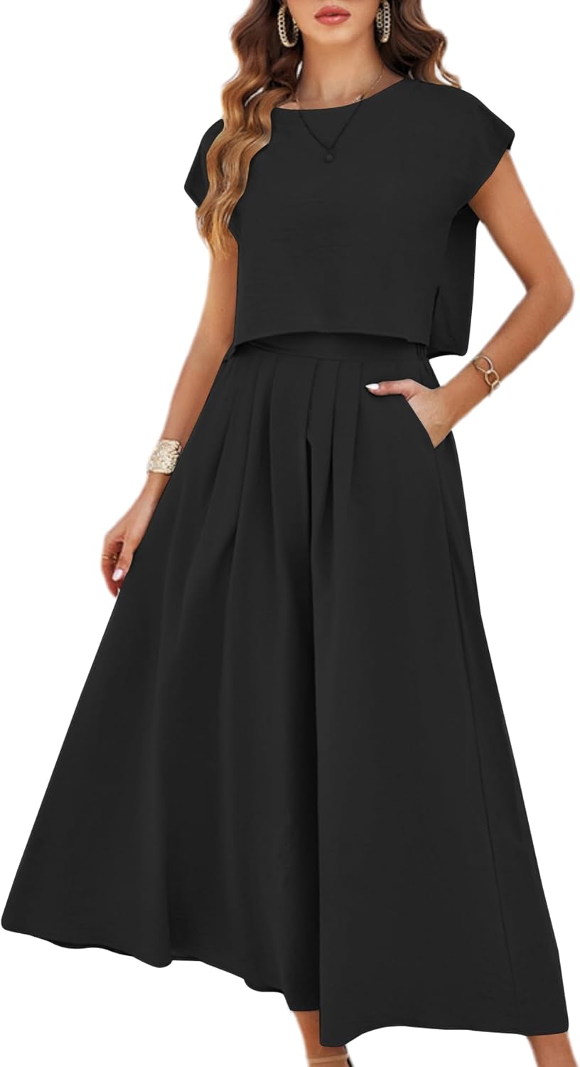 Mingzhu Womens 2 Piece Outfits Skirt Set Summer Maxi Dress Sets Pockets | Casual Outfits, Cap Sleeve, Crop Tops, Maxi Dress Sets with Pockets, Matching Lounge Sets, Vacation Travel Outfits