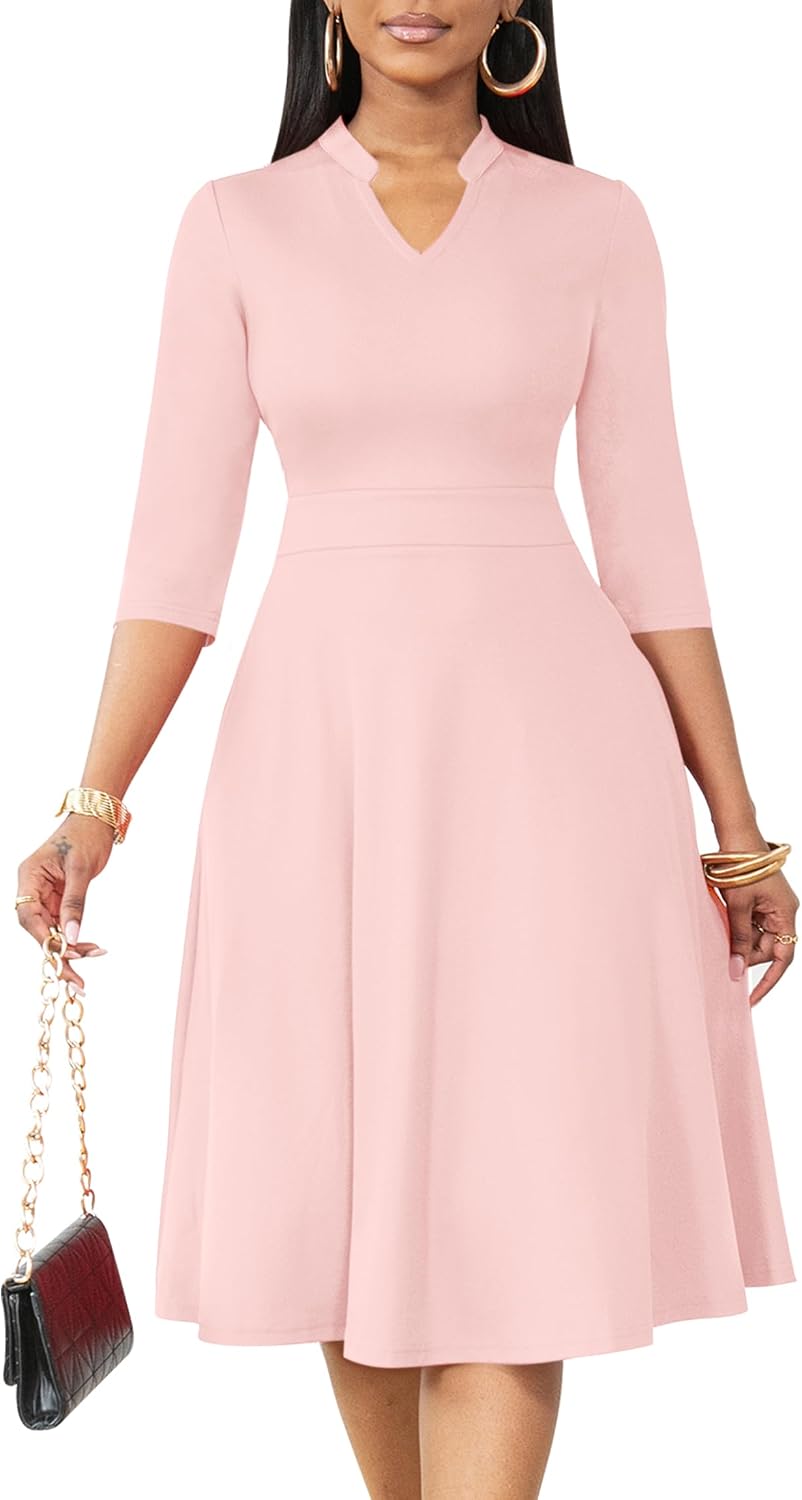 Nmoder Casual Dresses for Women Stand Collar Church Fit and Flare Dress | A-line fit with elegant stand collar, hidden pockets and zipper, ideal for work cocktail wedding guest
