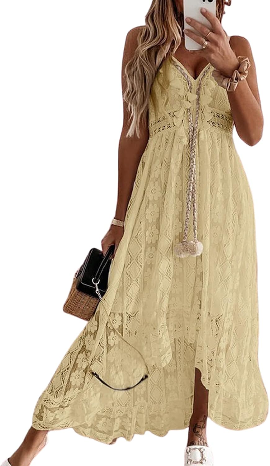 CUPSHE Womens Lace Summer Maxi Dresses 2026 Beach Wear | V Neck Spaghetti Straps Sundress, Tassel, Boho Pom Poms, Flowy Vacation Outfits, Resort Wear, Graduation Wedding Guest Looks