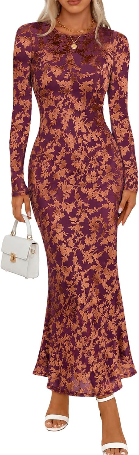 MEROKEETY Womens Fall Velvet Formal Wedding Guest Maxi Dress | Bodycon, Floral, Long Sleeve, Mesh, Round Neck, Formal Cocktail Party Birthday Club Date Night Prom, 2026 Winter Dress