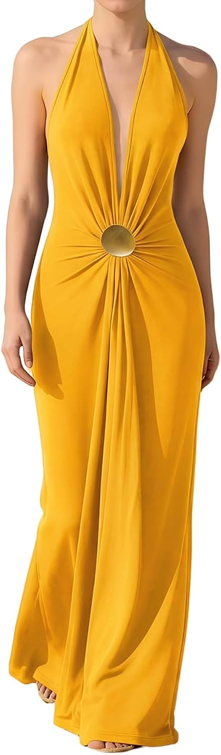 OYOANGLE Women's Halter Maxi Dress Deep V Neck Sexy Wedding Guest Dresses | Cocktail Dress, Formal Dresses, Beach Dress, Vacation Dress, Date Night Long Dress, Backless
