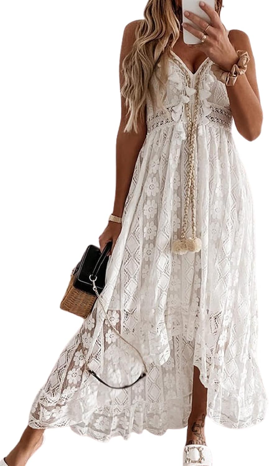 CUPSHE Womens Lace Summer Maxi Dresses 2026 Beach Wear | V Neck Spaghetti Straps Sundress, Tassel, Boho Pom Poms, Flowy Vacation Outfits, Resort Wear, Graduation Wedding Guest Looks