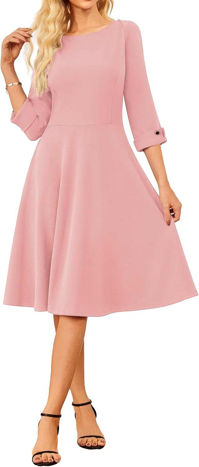 GRACE KARIN Work Dresses for Women Fit and Flare Midi Dress | Side Pockets,3\/4 Sleeve,Crew Neck A Line,2026 Business Classy Office Dresses, Church\/Work Graducation Outfits\/Professional