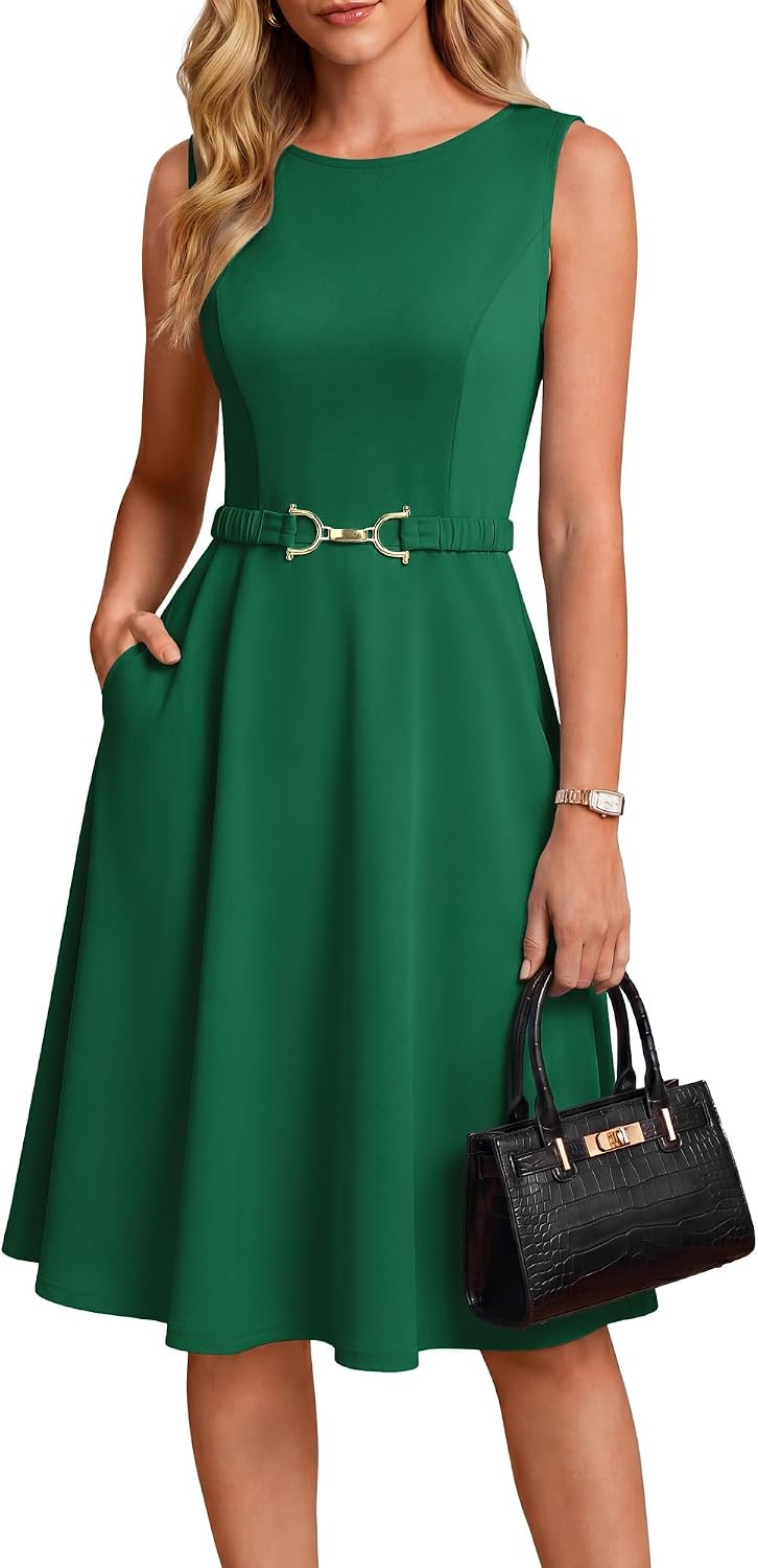 GRACE KARIN Work Business Midi Flowy Sleeveless Dresses for Women | A Line,Belted,Collar Neck,Knee Length,with Pockets Zipper,Business Causal,Office,Church,Funeral,Cocktail,Wedding,Professional