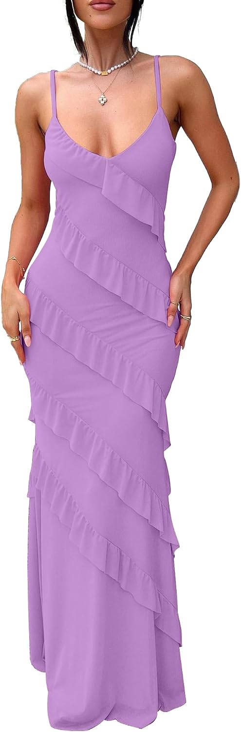 HOCILLE Women's Sexy V Neck Mesh Bodycon Wedding Guest Cocktail Maxi Dress | Sundress Spaghetti Strap Elegant Ruffle Party Long Dresses