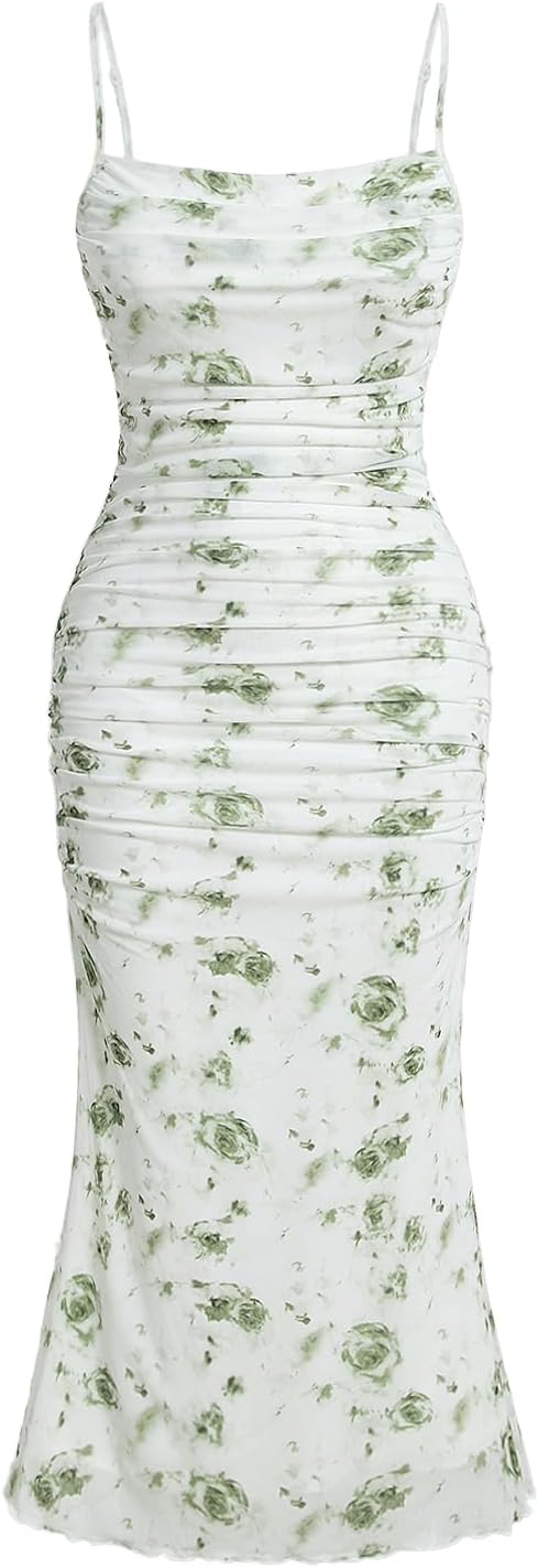 GORGLITTER Women's Floral Wedding Guest Bridal Shower Summer Midi Dresses | Tea Party, Baby Shower, Cocktail Dress, Ruched, Dresses for Women, Sundresses