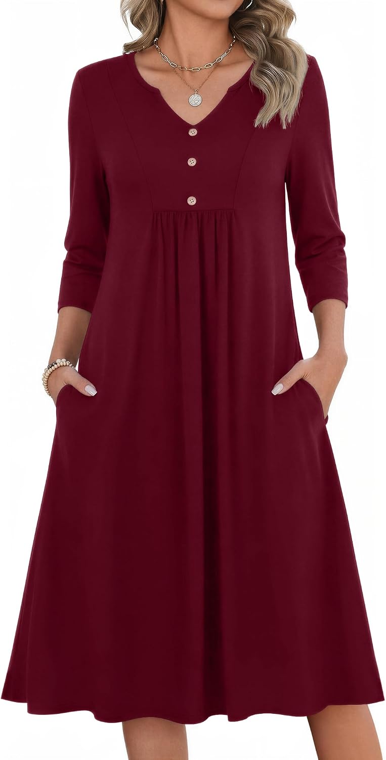 Zeagoo Womens Dresses 3\/4 Sleeve Casual Fall A Line Midi Dress with Pockets | V Neck Empire Waist Sundress, Button Decor, Floral, Boho, Solid Color, Loose Fit, Flowy, Vacation Sundresses