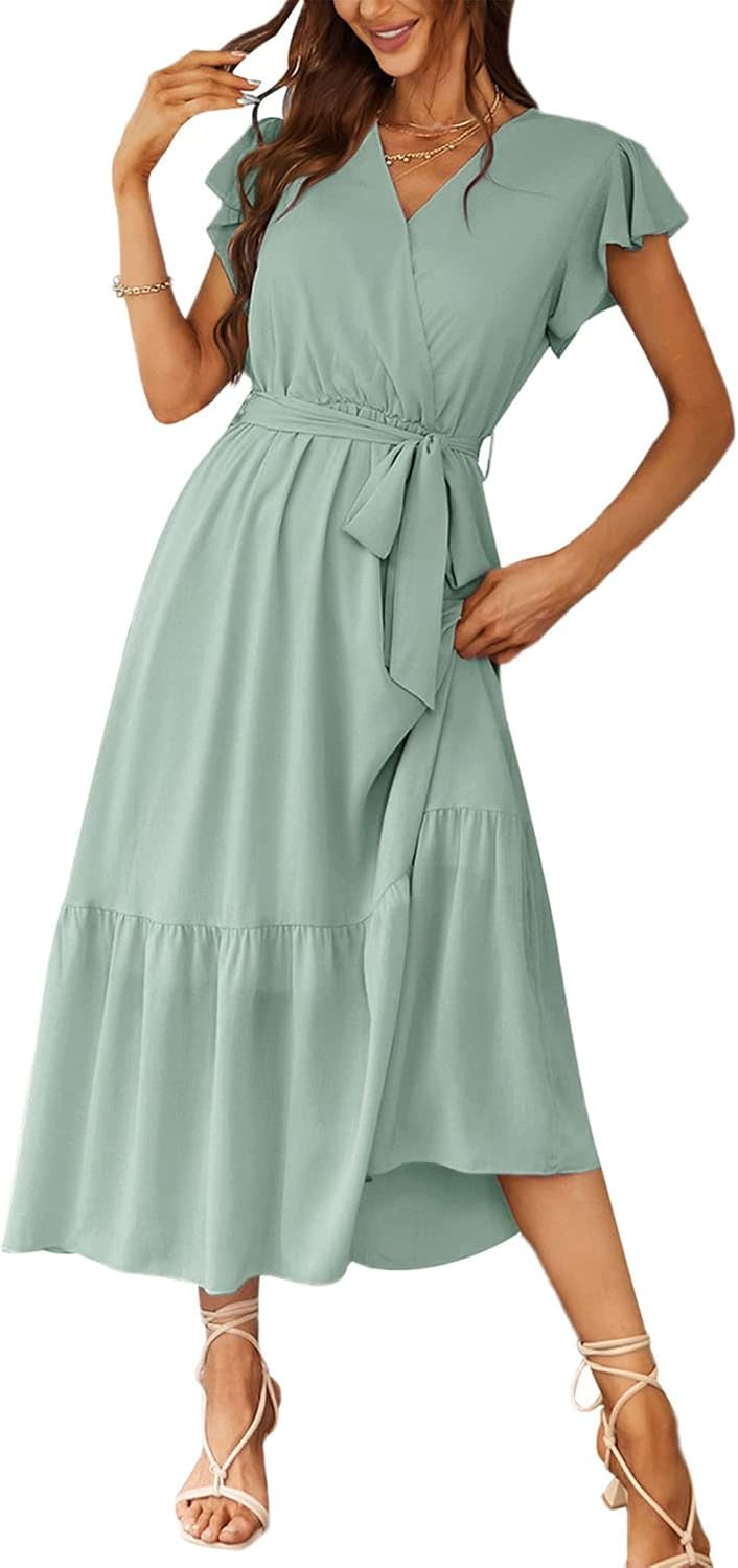 PRETTYGARDEN Women's Summer Floral Boho Maxi Dress | Short Sleeve Wrap V Neck, Long Flowy Ruffle Dresses, Spring Wedding Guest Outfits for Beach Vacation, Resort Wear, Tea Party