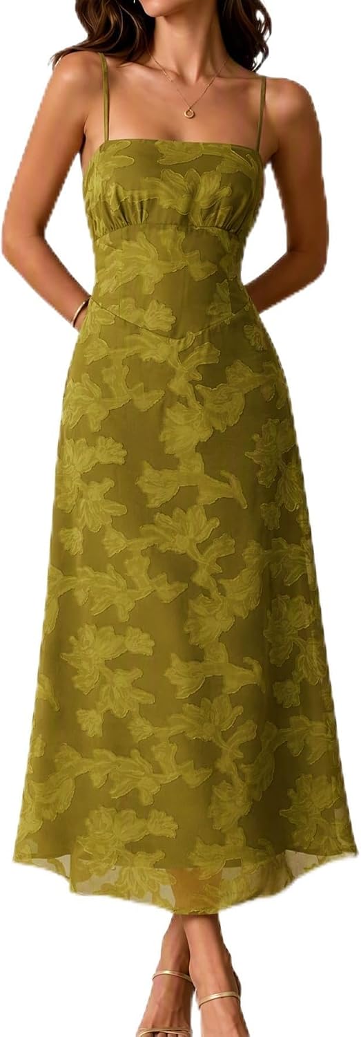 RIHOAS Women's Spaghetti Strap Maxi A-line Formal Tie Back Layered Dresses | Lace up,Zip Up,Square Neck,Cocktail,Garden Party ,Floral wedding guest dresses,Formal Dress,Bridesmaid,Semi Formal Dress