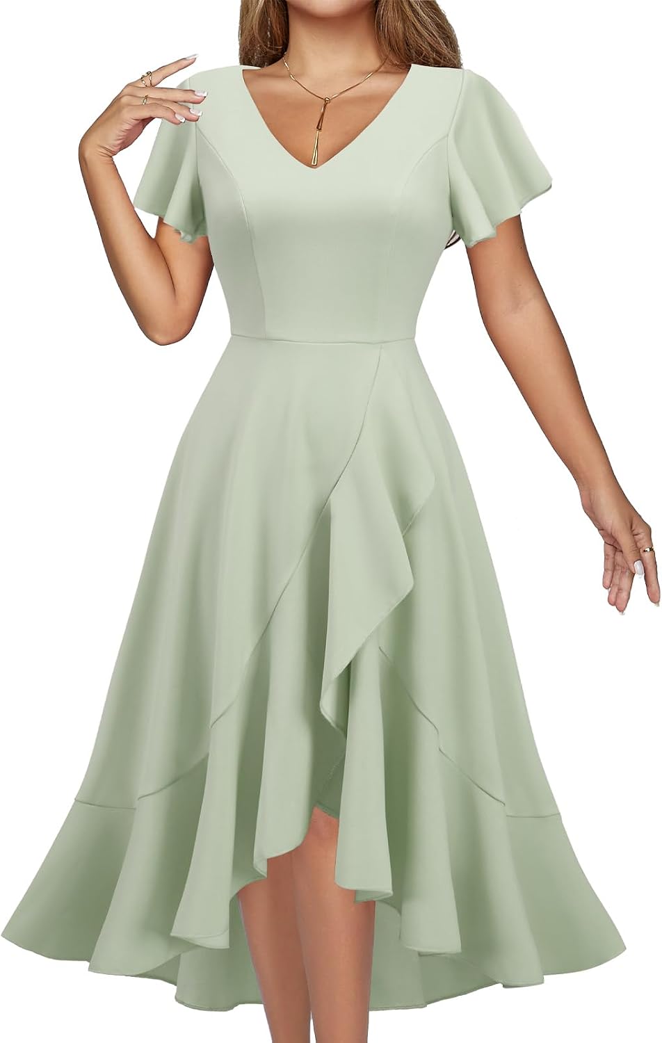DRESSTELLS Women's Cocktail Dresses 2026, Formal Fall Wedding Guest Dress | A-Line, Hi Low Fit and Flare Midi Dress for Teacher Party Homecoming, Bridesmaid Evening Gown, V-Neck, Ruffle Sleeve