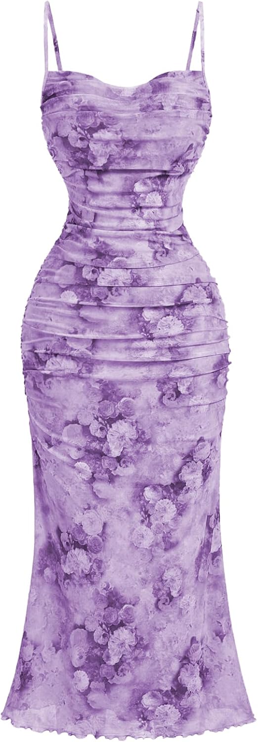 GORGLITTER Women's Floral Wedding Guest Bridal Shower Summer Midi Dresses | Tea Party, Baby Shower, Cocktail Dress, Ruched, Dresses for Women, Sundresses