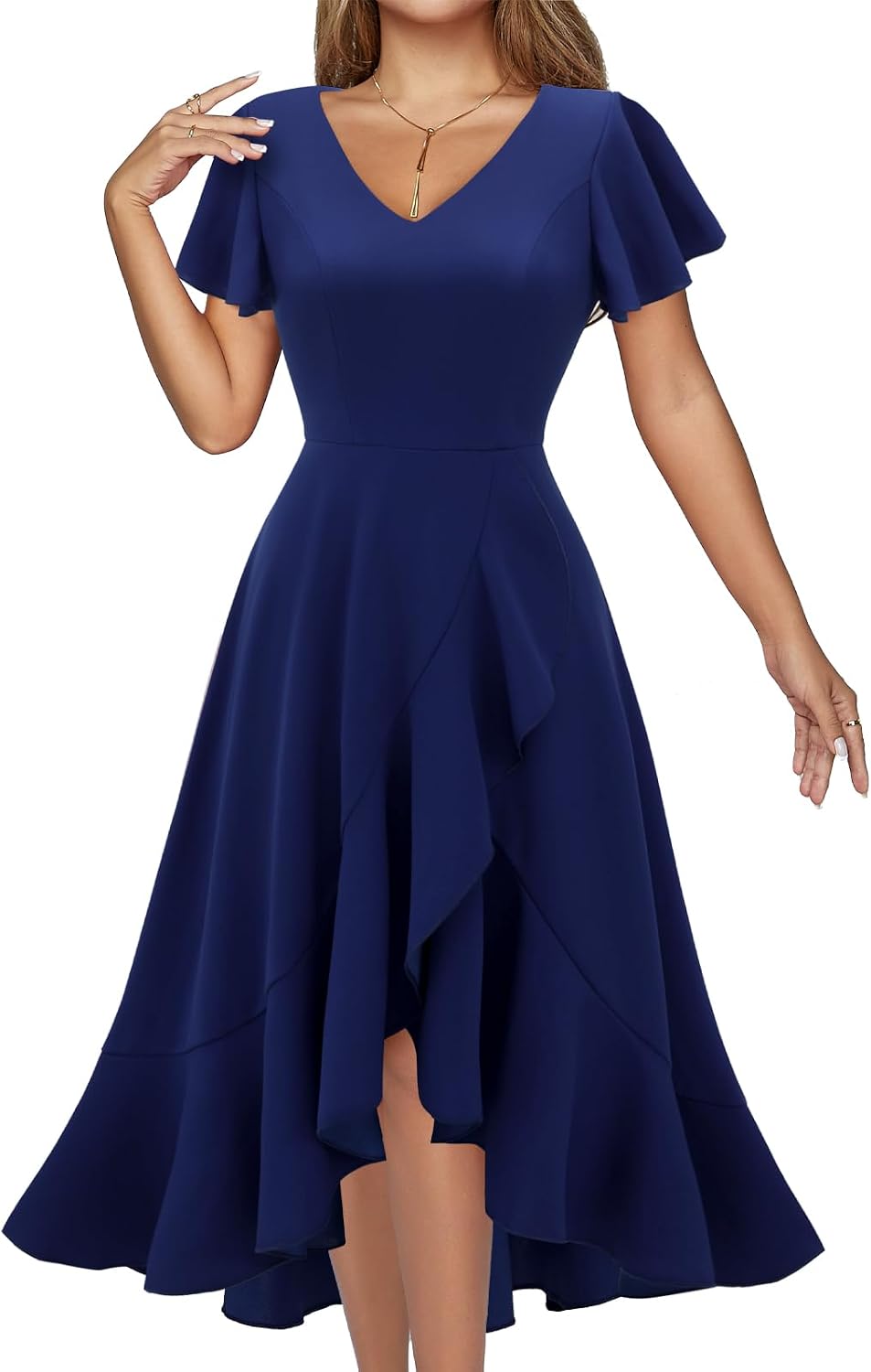 DRESSTELLS Women's Cocktail Dresses 2026, Formal Fall Wedding Guest Dress | A-Line, Hi Low Fit and Flare Midi Dress for Teacher Party Homecoming, Bridesmaid Evening Gown, V-Neck, Ruffle Sleeve