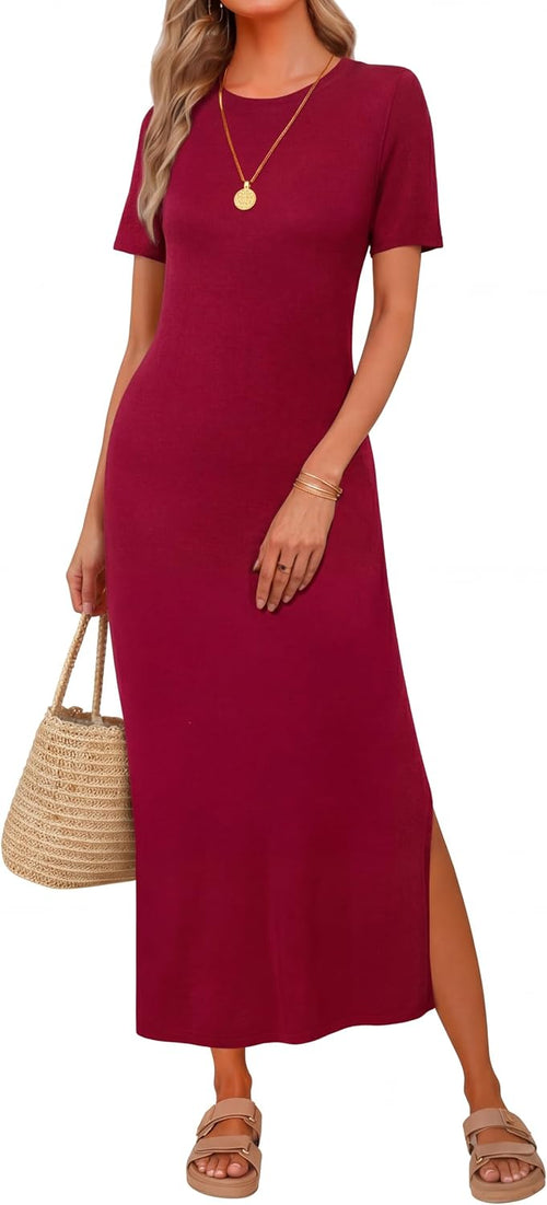 Arach&Cloz Women's Wool Blend Fall Business Casual T Shirts Maxi Dress | Soft Wool Blend, Medium Stretch & Thickness,Crew Neck short Sleeve Maxi Dress With side Slit fits,Casual And All Occasions