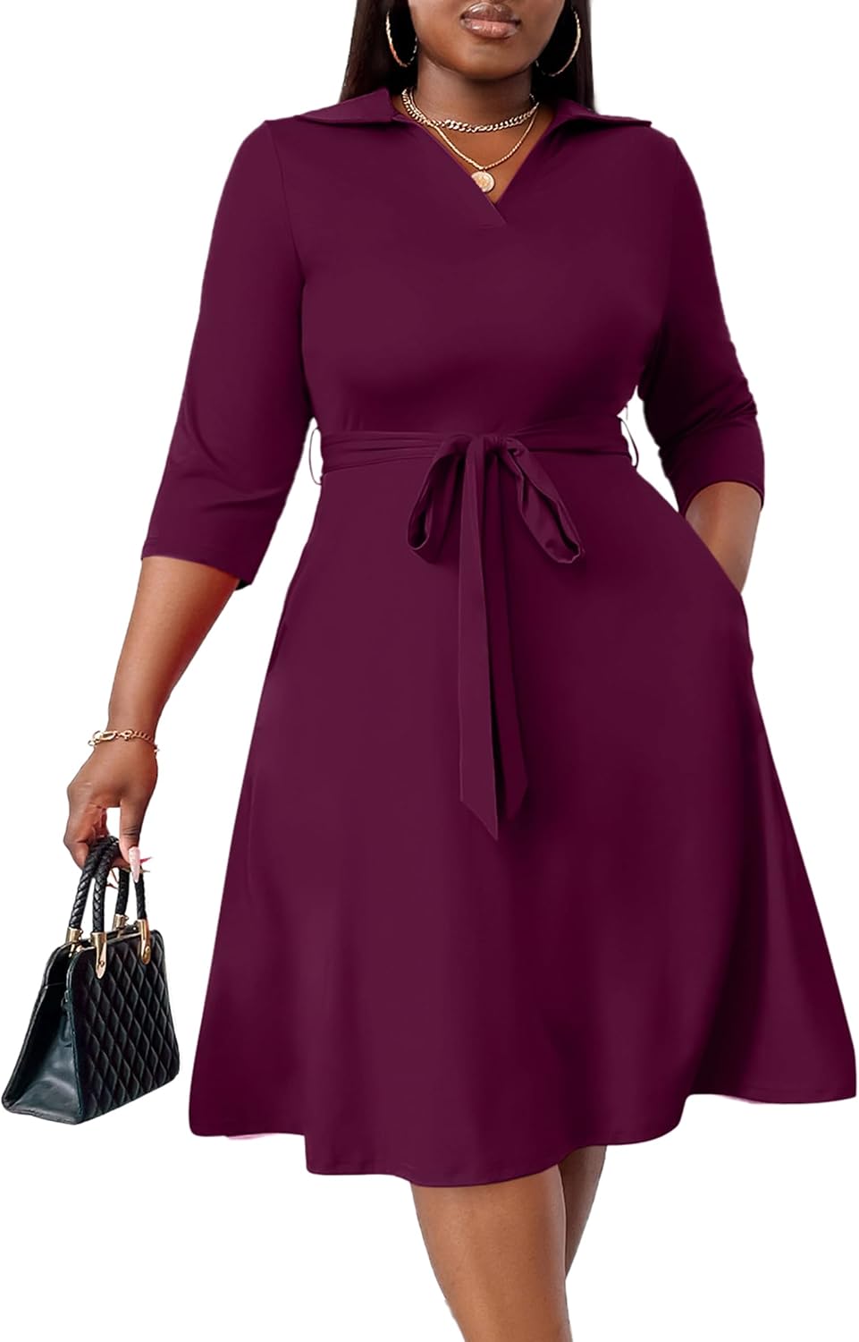 FANDEE Plus Size Midi Dress for Women Casual - Fit and Flare Summer Dresses | Semi Formal,African Print,Polo Collar Cocktail Dress,With Pockets And Belt