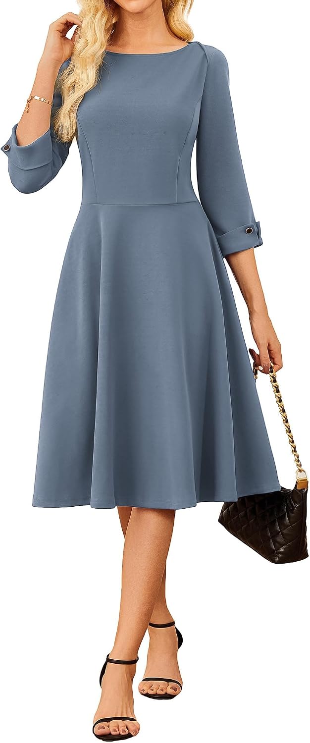 GRACE KARIN Work Dresses for Women Fit and Flare Midi Dress | Side Pockets,3\/4 Sleeve,Crew Neck A Line,2026 Business Classy Office Dresses, Church\/Work Graducation Outfits\/Professional