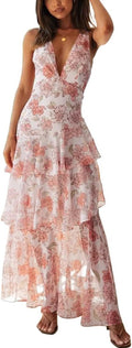 Women's Floral Maxi Dress Sexy Deep V Neck Backless Ruffles Dresses Beach Party Wedding Guest Dress